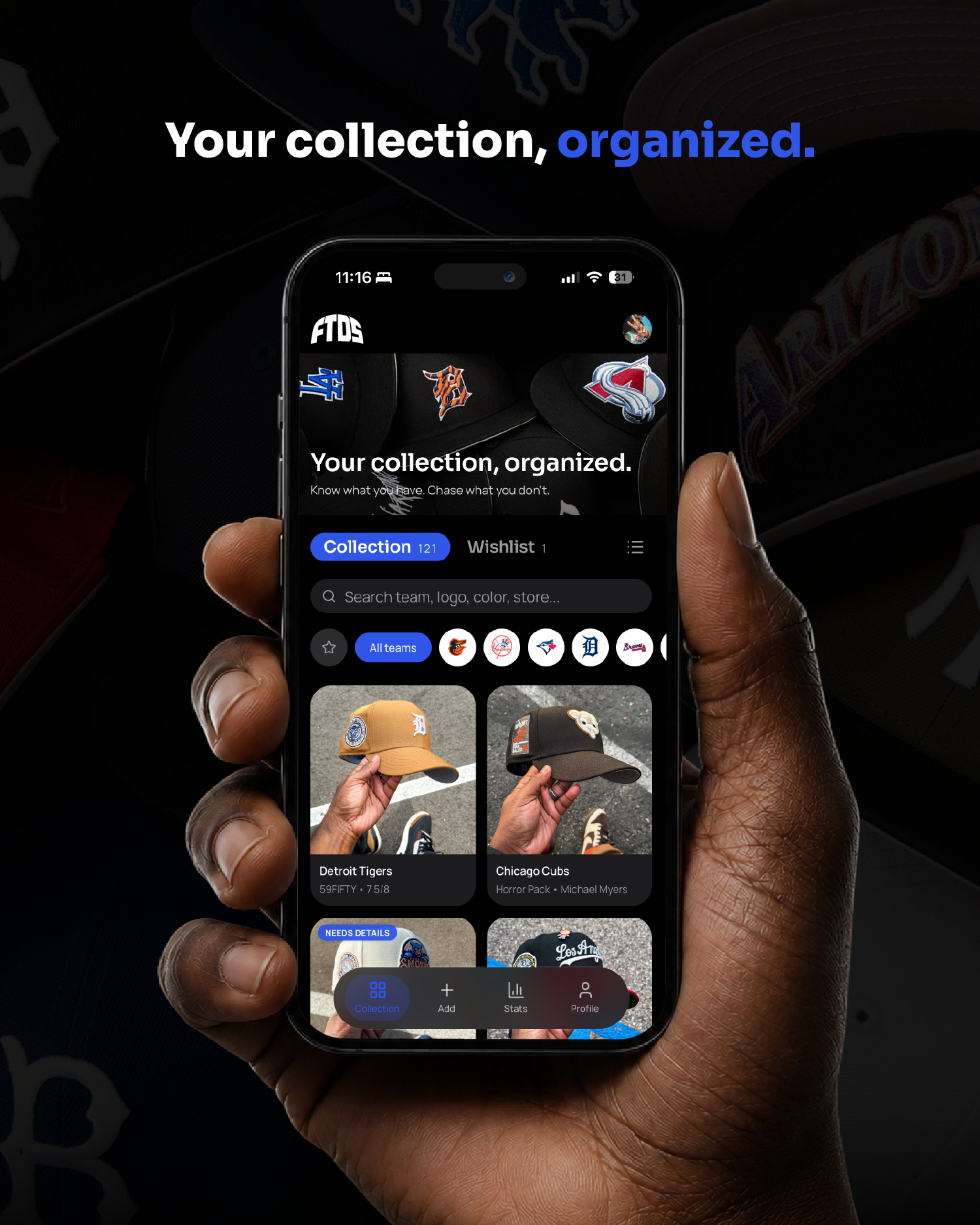 FTDS collection screen on iPhone, showing caps organized by team